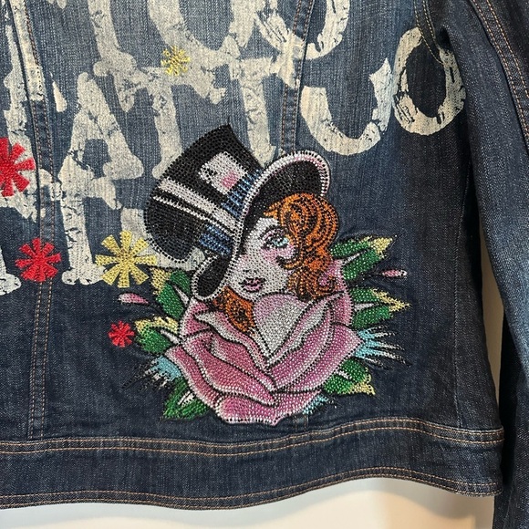 ED HARDY RHINESTONE TATTOO DENIM TRUCKER JACKET | Size Medium | EUC - Picture 7 of 9